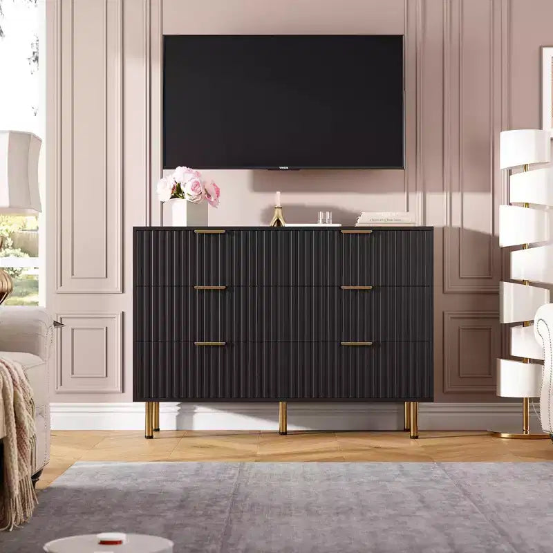 Comò doppio a 6 cassetti, cassettiera in legno scanalato da 120 cm con ampio spazio contenitivo e ripiano superiore grande - Porta TV per soggiorno, camera da letto, corridoio