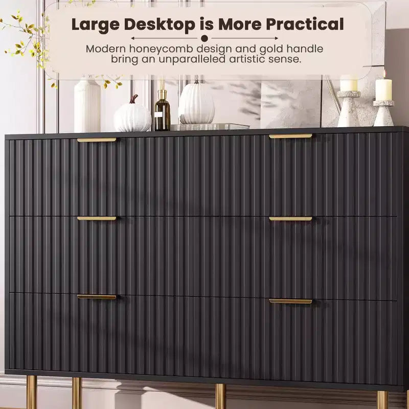Comò doppio a 6 cassetti, cassettiera in legno scanalato da 120 cm con ampio spazio contenitivo e ripiano superiore grande - Porta TV per soggiorno, camera da letto, corridoio