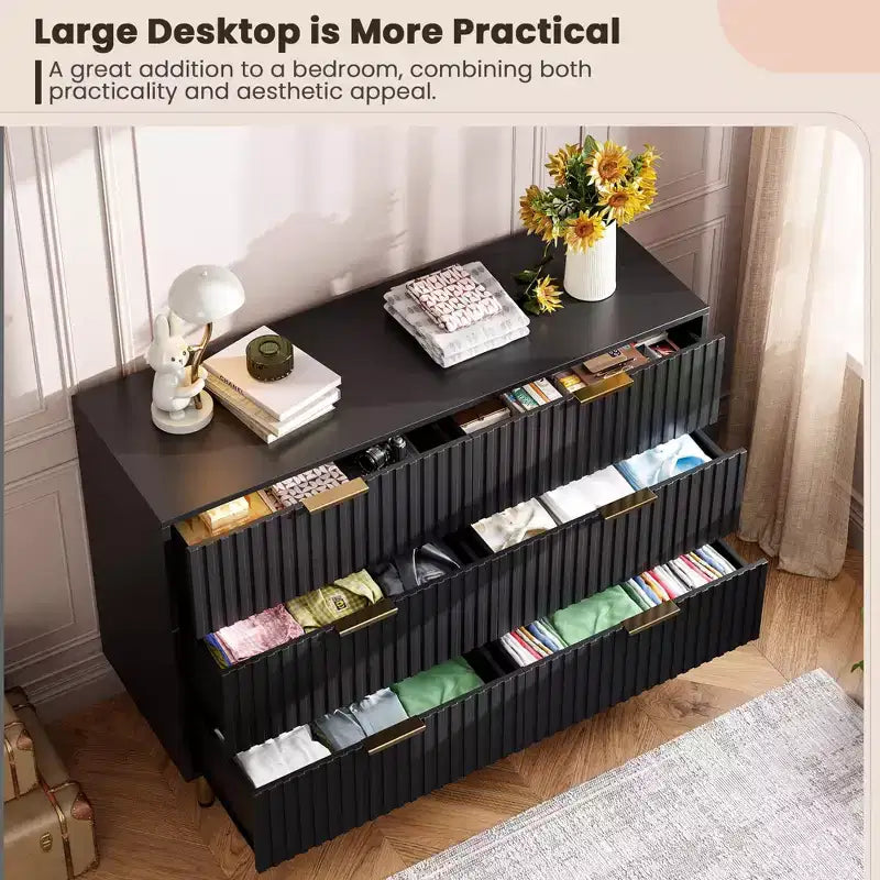 Comò doppio a 6 cassetti, cassettiera in legno scanalato da 120 cm con ampio spazio contenitivo e ripiano superiore grande - Porta TV per soggiorno, camera da letto, corridoio