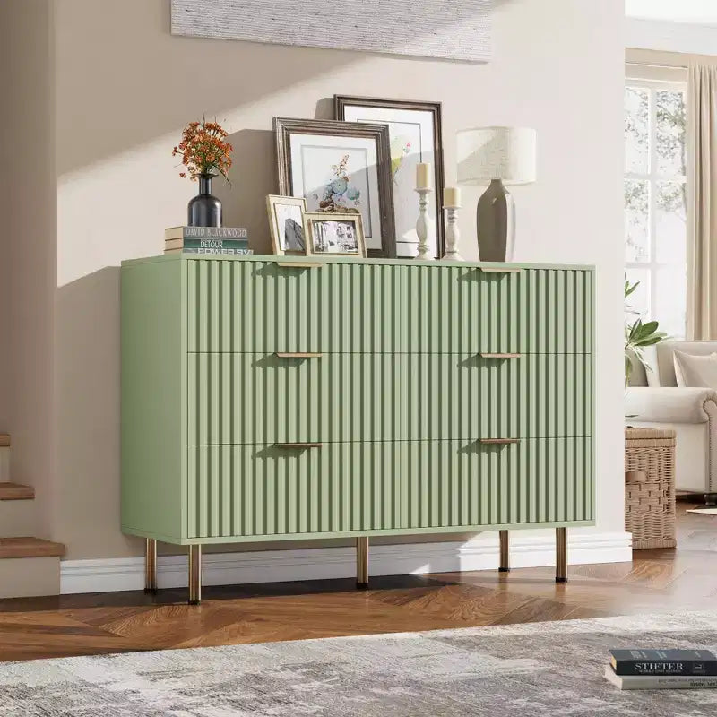 Comò doppio a 6 cassetti, cassettiera in legno scanalato da 120 cm con ampio spazio contenitivo e ripiano superiore grande - Porta TV per soggiorno, camera da letto, corridoio