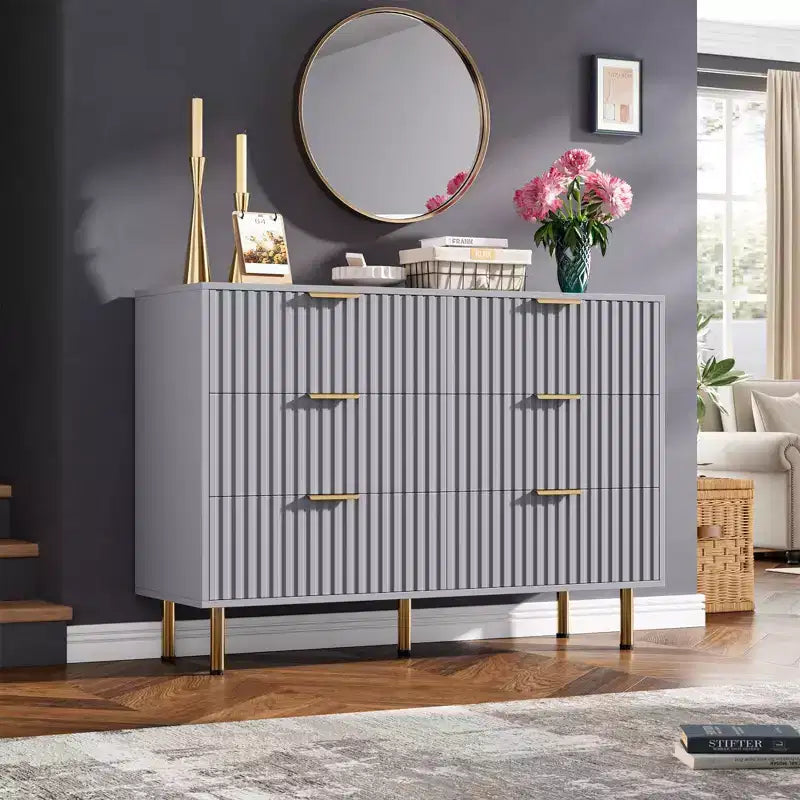 Comò doppio a 6 cassetti, cassettiera in legno scanalato da 120 cm con ampio spazio contenitivo e ripiano superiore grande - Porta TV per soggiorno, camera da letto, corridoio