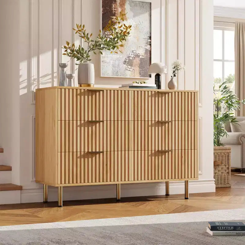 Comò doppio a 6 cassetti, cassettiera in legno scanalato da 120 cm con ampio spazio contenitivo e ripiano superiore grande - Porta TV per soggiorno, camera da letto, corridoio
