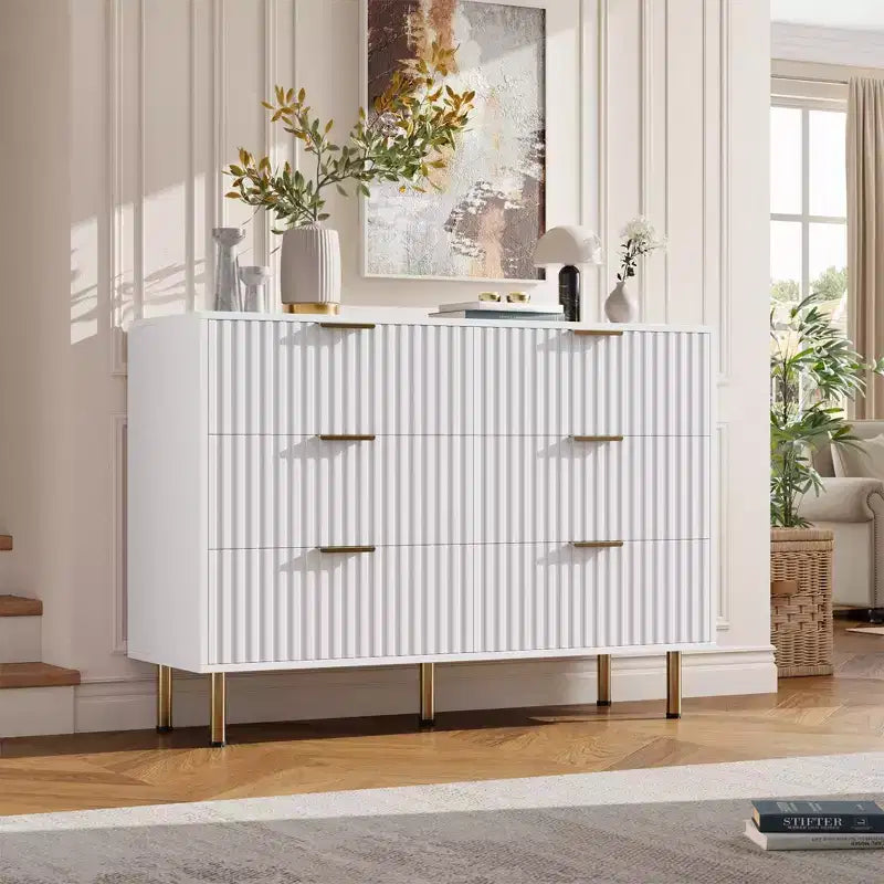Comò doppio a 6 cassetti, cassettiera in legno scanalato da 120 cm con ampio spazio contenitivo e ripiano superiore grande - Porta TV per soggiorno, camera da letto, corridoio