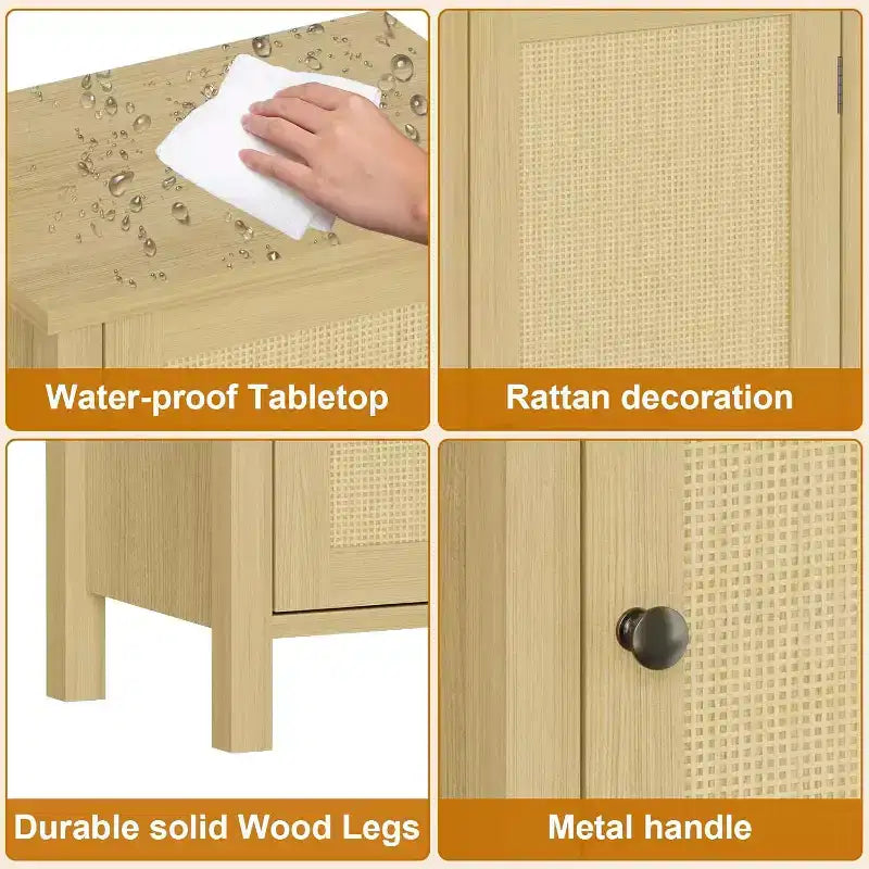 Mobiletto con Anta in Rattan Intrecciato, Organizzatore Autoportante Salvaspazio a 2 Ripiani, Comodino di Finitura per Bagno, Cucina, Soggiorno