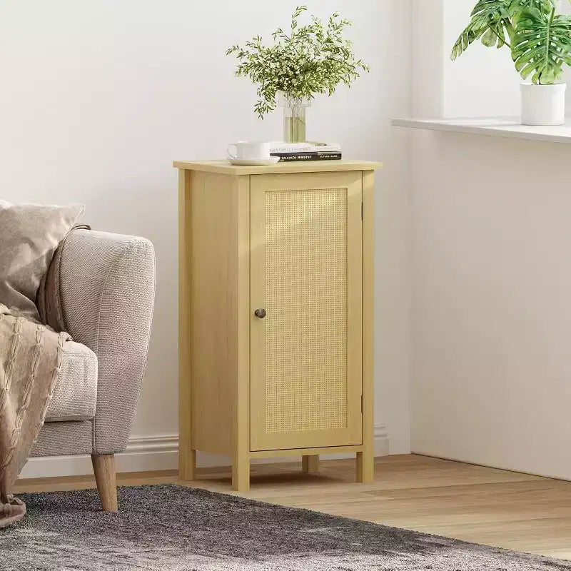 Mobiletto con Anta in Rattan Intrecciato, Organizzatore Autoportante Salvaspazio a 2 Ripiani, Comodino di Finitura per Bagno, Cucina, Soggiorno