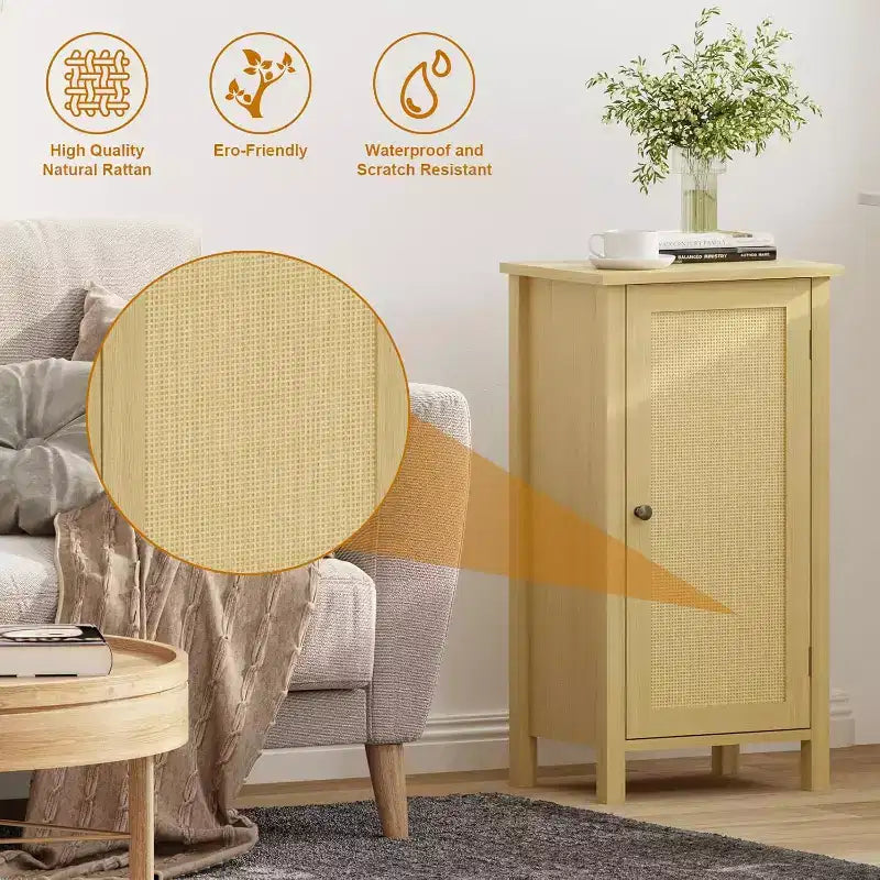 Mobiletto con Anta in Rattan Intrecciato, Organizzatore Autoportante Salvaspazio a 2 Ripiani, Comodino di Finitura per Bagno, Cucina, Soggiorno
