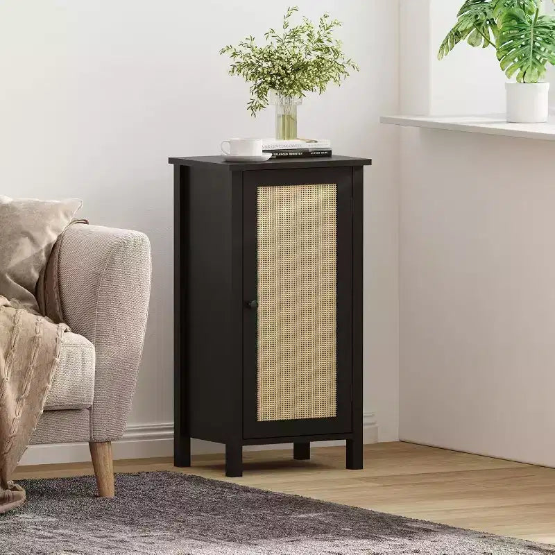 Mobiletto con Anta in Rattan Intrecciato, Organizzatore Autoportante Salvaspazio a 2 Ripiani, Comodino di Finitura per Bagno, Cucina, Soggiorno