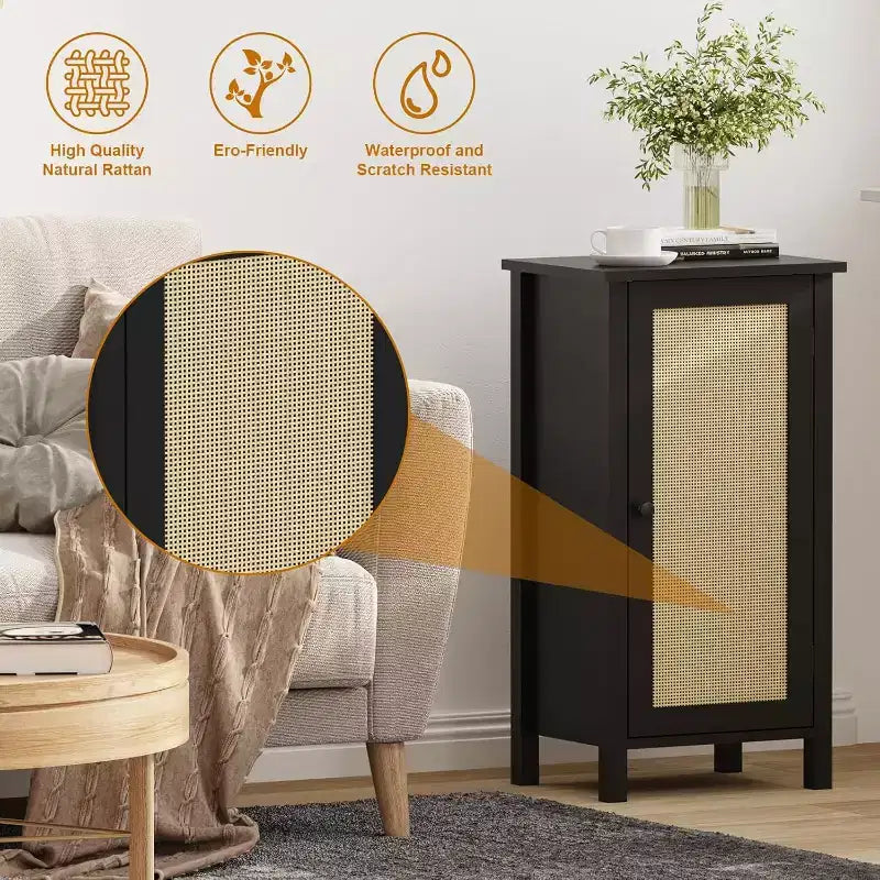 Mobiletto con Anta in Rattan Intrecciato, Organizzatore Autoportante Salvaspazio a 2 Ripiani, Comodino di Finitura per Bagno, Cucina, Soggiorno