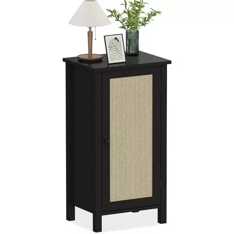 Storage Cabinet with Woven Rattan Door, 2-Tier Space-Saving Freestanding Organizer, Finish Nightstand for Bathroom, Kitchen, Living Room