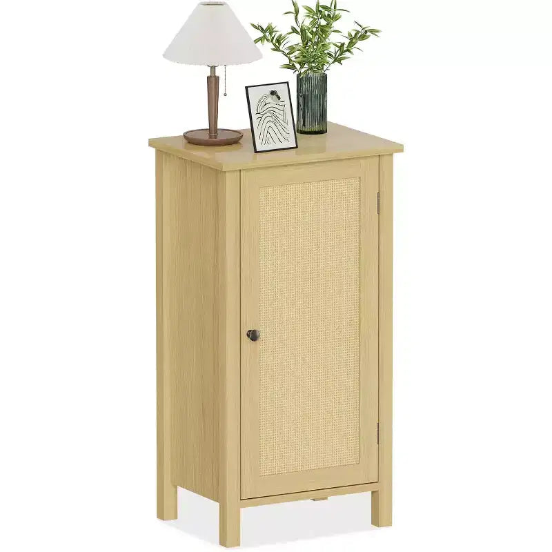 Mobiletto con Anta in Rattan Intrecciato, Organizzatore Autoportante Salvaspazio a 2 Ripiani, Comodino di Finitura per Bagno, Cucina, Soggiorno