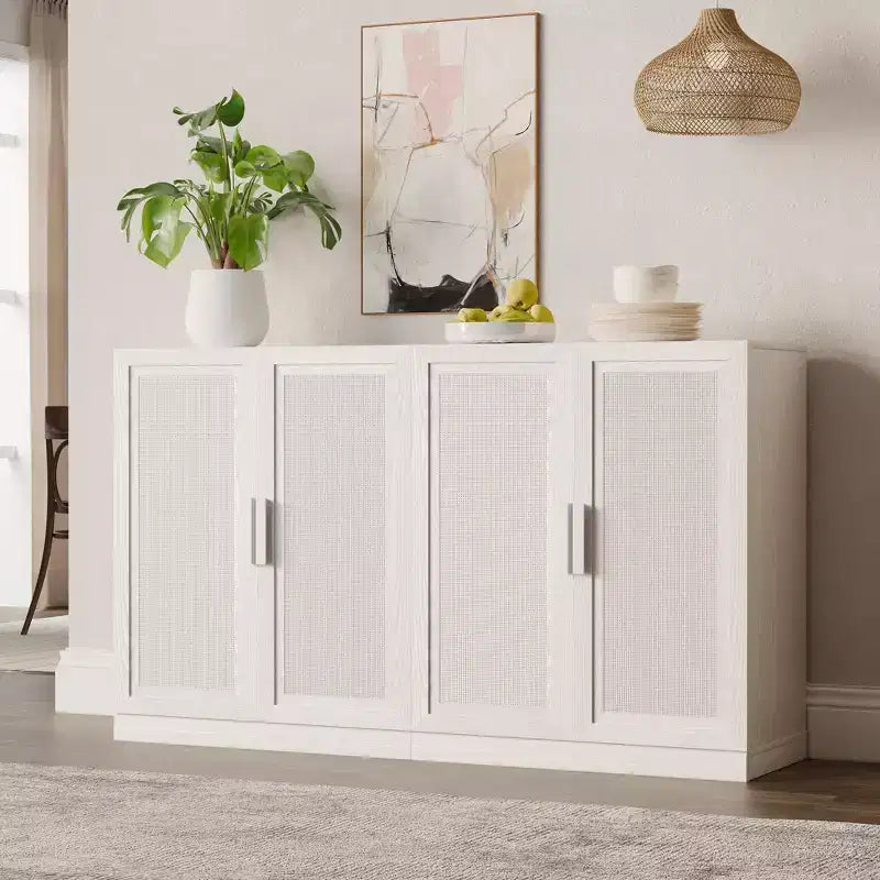 Credenza a 3 ante in rattan con ripiani regolabili - 93Lx36H