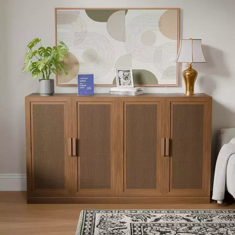 Credenza a 3 ante in rattan con ripiani regolabili - 93Lx36H