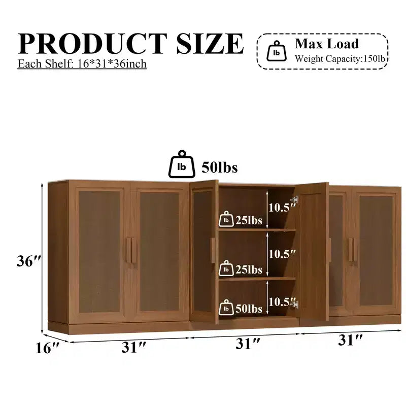 Credenza a 3 ante in rattan con ripiani regolabili - 93Lx36H