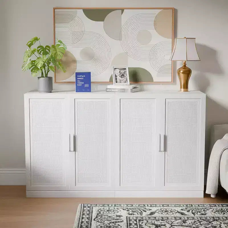 Credenza a 3 ante in rattan con ripiani regolabili - 93Lx36H