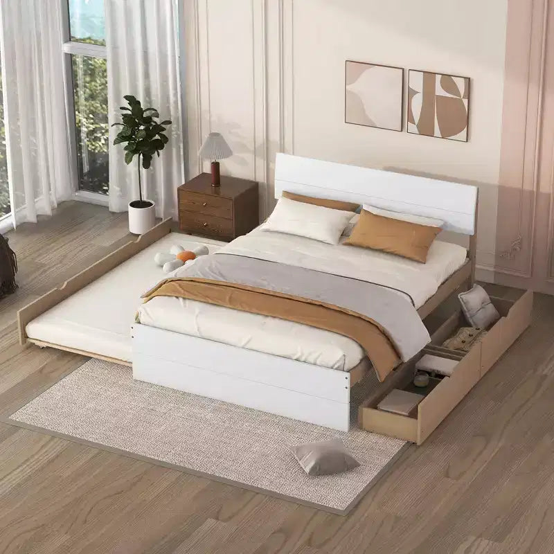 Letto a piattaforma robusto in legno con rotelle estraibili e 2 cassetti portaoggetti, nessuna necessità di rete, letto estraibile per camera da letto, camera degli ospiti o piccoli spazi