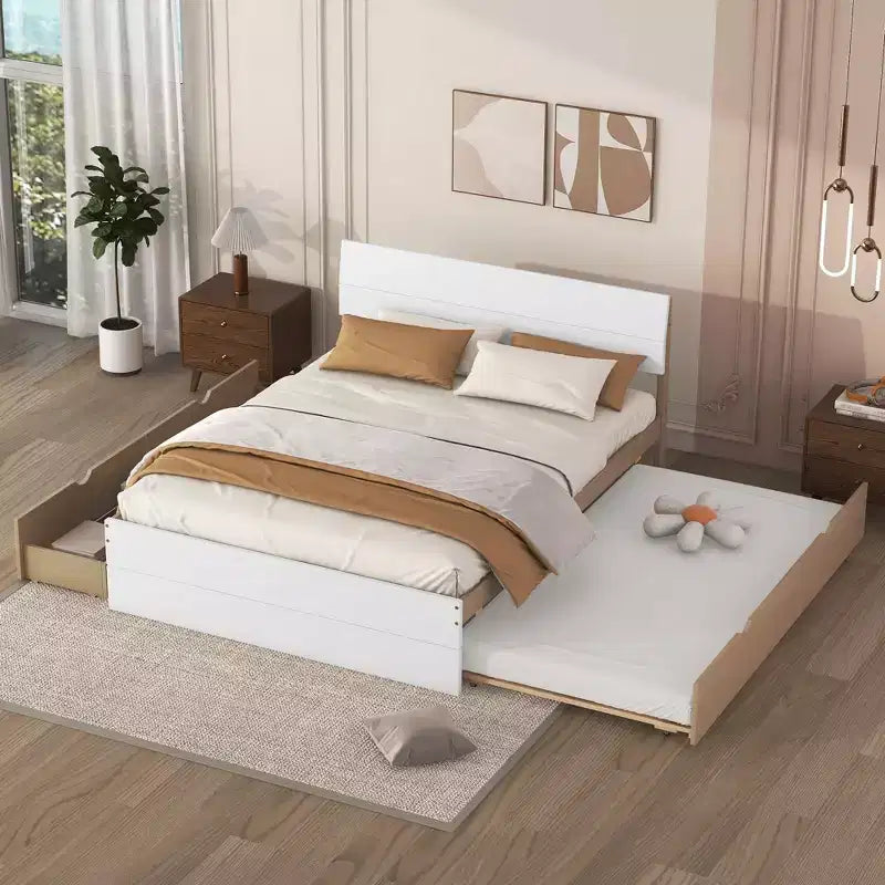 Letto a piattaforma robusto in legno con rotelle estraibili e 2 cassetti portaoggetti, nessuna necessità di rete, letto estraibile per camera da letto, camera degli ospiti o piccoli spazi