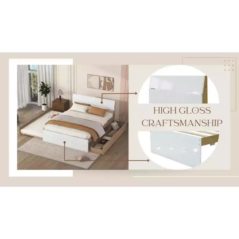 Letto a piattaforma robusto in legno con rotelle estraibili e 2 cassetti portaoggetti, nessuna necessità di rete, letto estraibile per camera da letto, camera degli ospiti o piccoli spazi