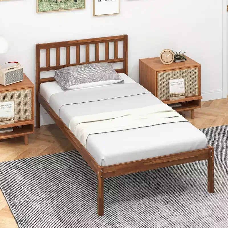 Letto a piattaforma singolo/matrimoniale/queen con testiera, gamba in legno massello, base materasso, noce