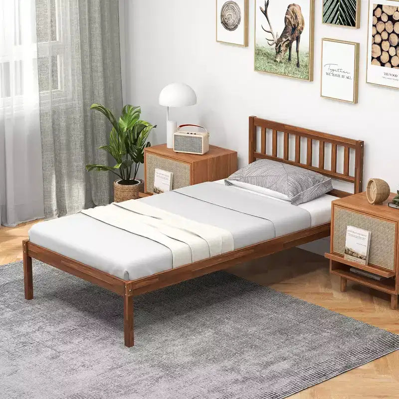 Letto a piattaforma singolo/matrimoniale/queen con testiera, gamba in legno massello, base materasso, noce