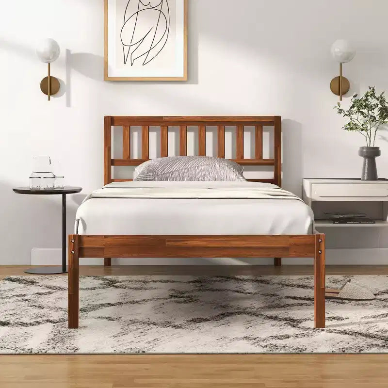 Letto a piattaforma singolo/matrimoniale/queen con testiera, gamba in legno massello, base materasso, noce