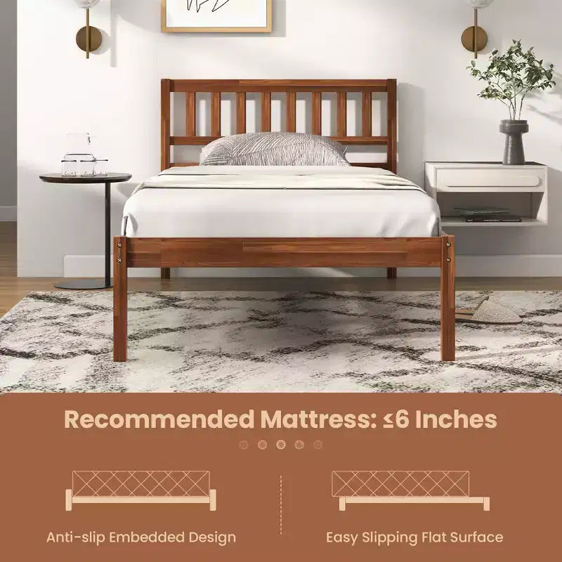 Letto a piattaforma singolo/matrimoniale/queen con testiera, gamba in legno massello, base materasso, noce
