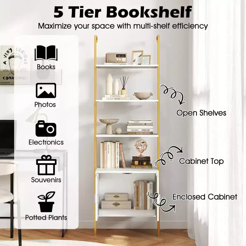 Libreria a Scala a 5 Ripiani da 72,5" con Mobile, 2 Pezzi