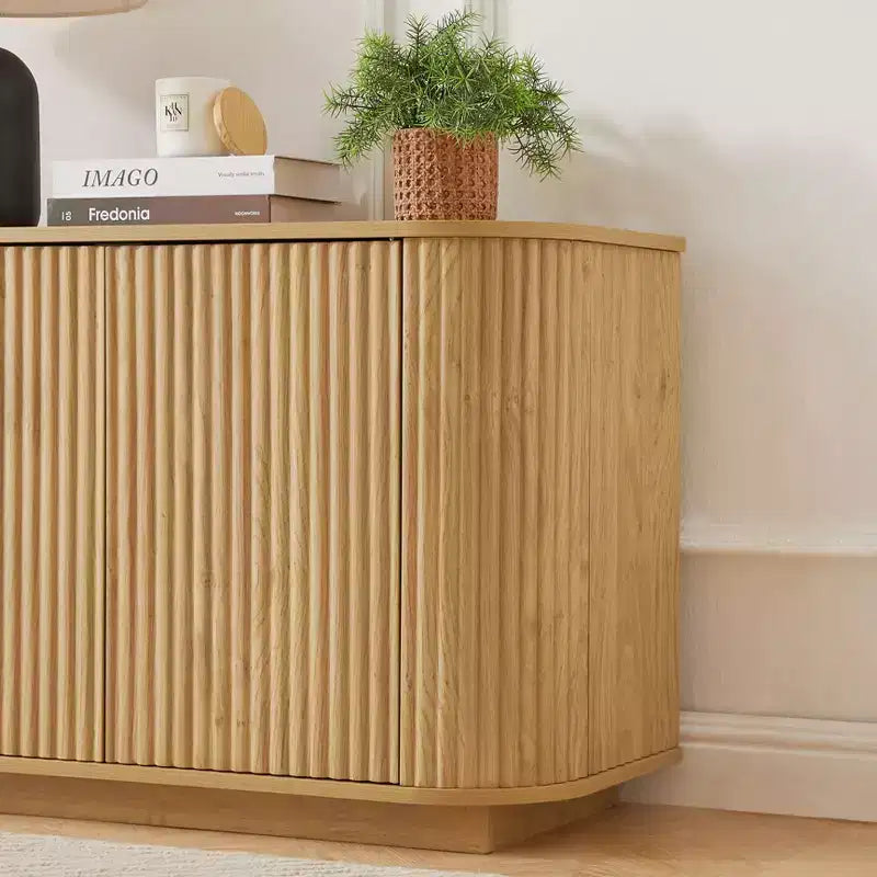 Mobile buffet/credenza verticale a strisce in legno, mobile TV, armadietti angolari curvi per sala da pranzo, cucina