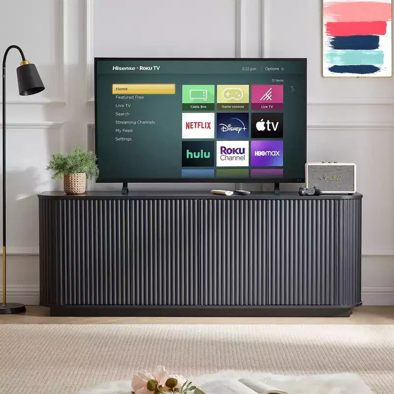 Mobile buffet/credenza verticale a strisce in legno, mobile TV, armadietti angolari curvi per sala da pranzo, cucina