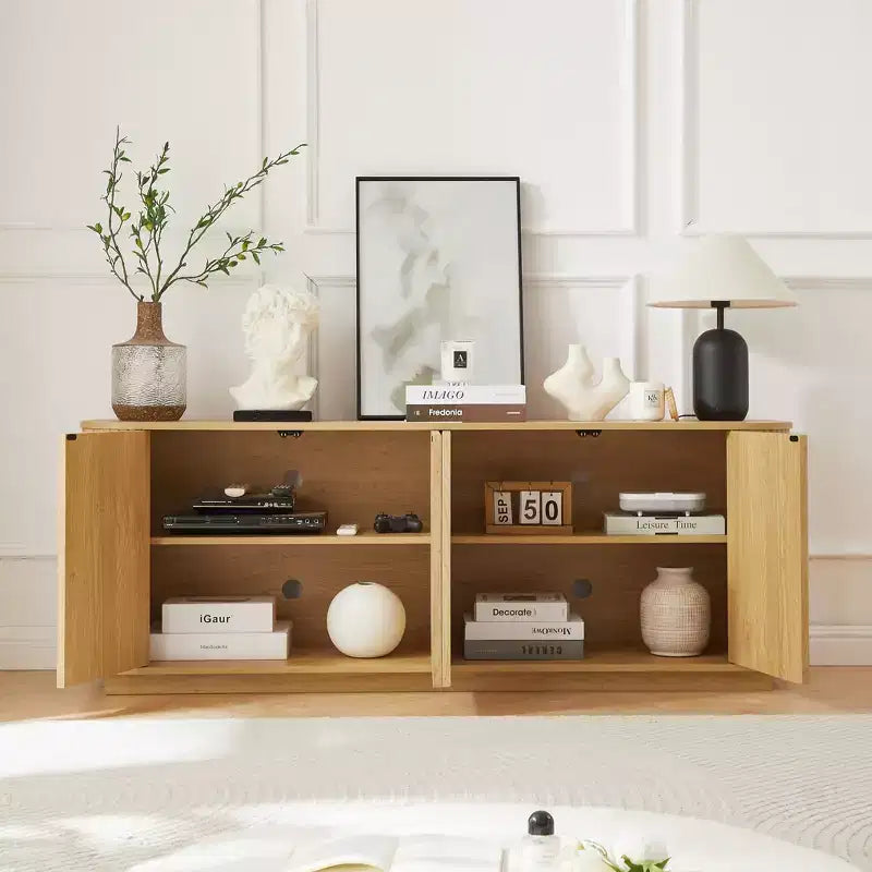 Mobile buffet/credenza verticale a strisce in legno, mobile TV, armadietti angolari curvi per sala da pranzo, cucina
