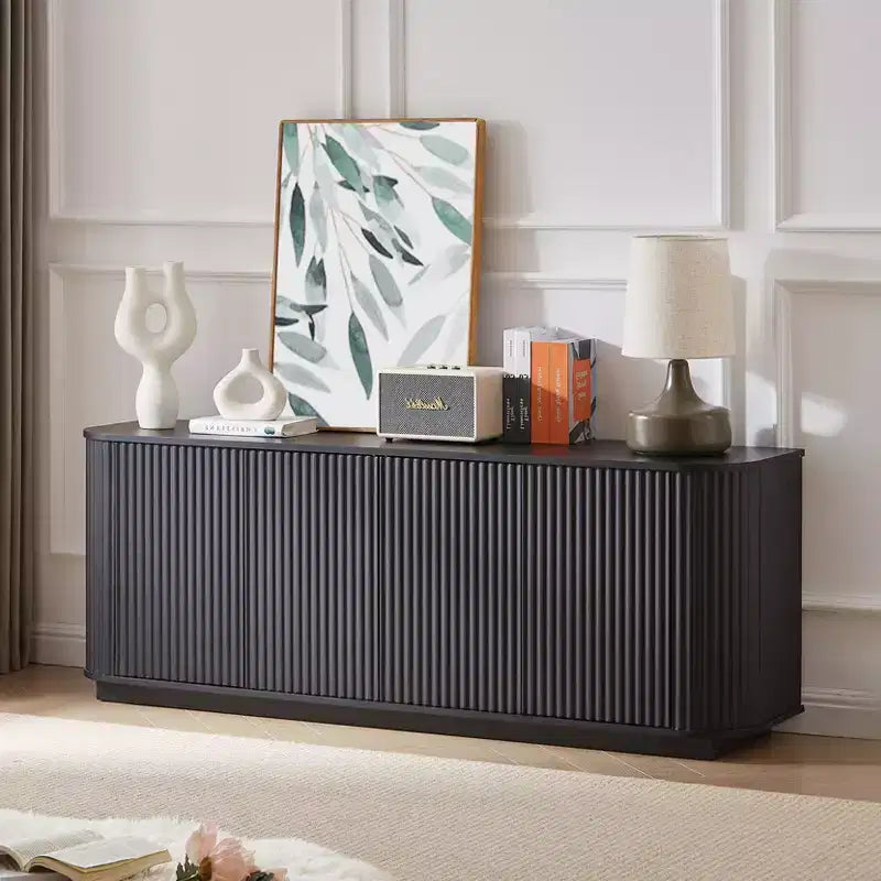 Mobile buffet/credenza verticale a strisce in legno, mobile TV, armadietti angolari curvi per sala da pranzo, cucina