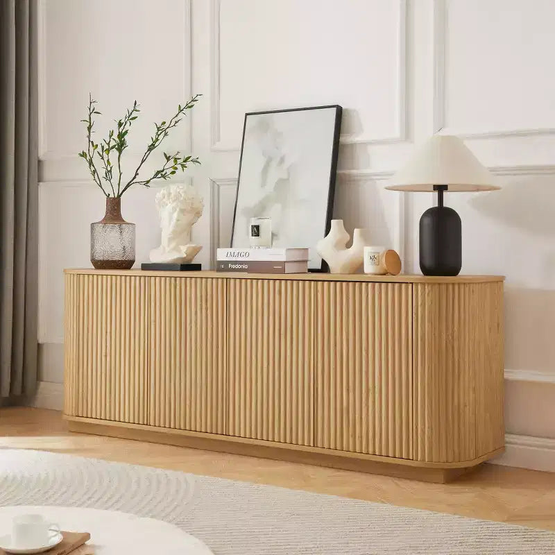 Mobile buffet/credenza verticale a strisce in legno, mobile TV, armadietti angolari curvi per sala da pranzo, cucina