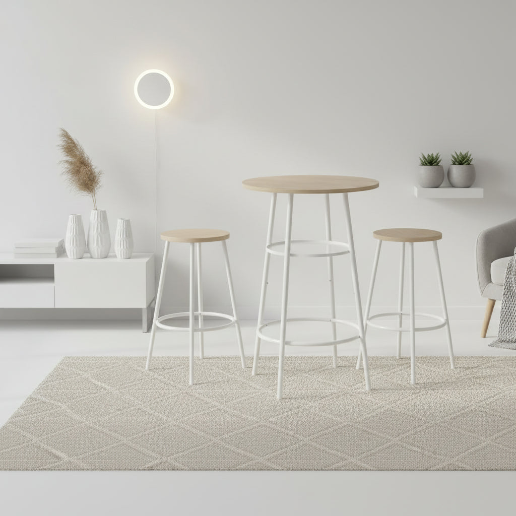 Set da Bistrò Moderno 3 Pezzi, Tavolo da Bar Rotondo con Ripiano Divisorio e Sgabelli con Schienale, Set Tavolo da Pub per Cucina di Casa o Angolo Colazione Bianco
