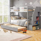 Letto a Castello in Legno Twin su Twin con Letto Estraibile, Scala Contenitore e Convertibile