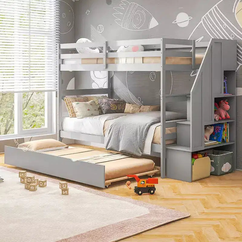 Letto a Castello in Legno Twin su Twin con Letto Estraibile, Scala Contenitore e Convertibile
