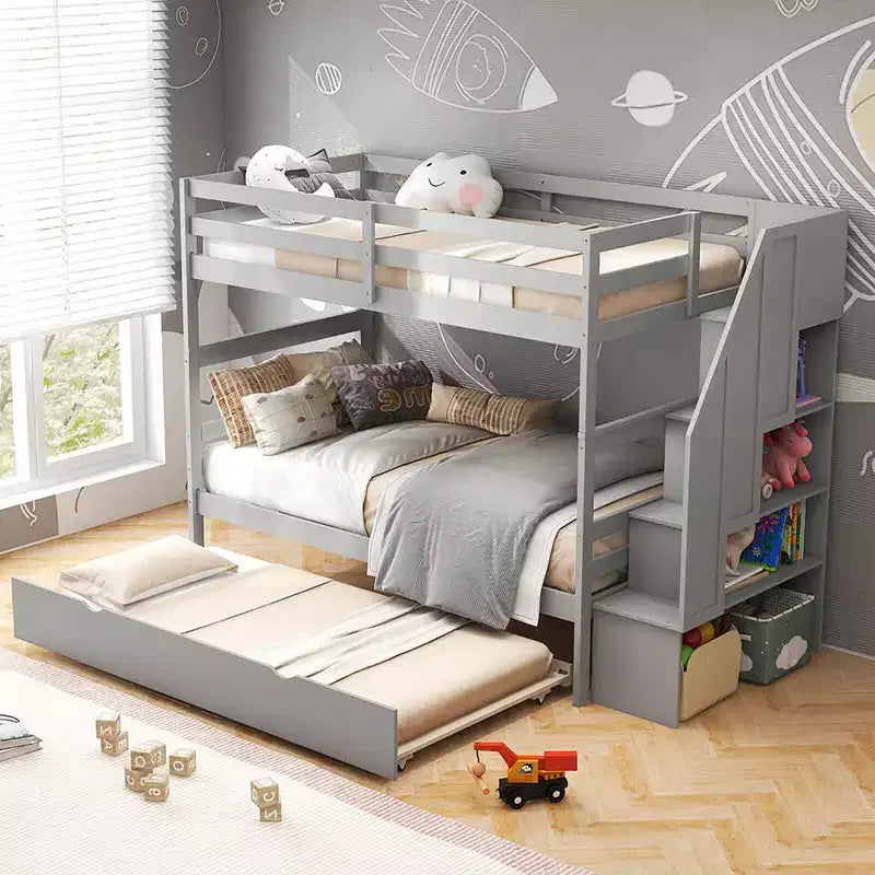 Letto a Castello in Legno Twin su Twin con Letto Estraibile, Scala Contenitore e Convertibile