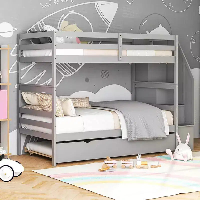 Letto a Castello in Legno Twin su Twin con Letto Estraibile, Scala Contenitore e Convertibile