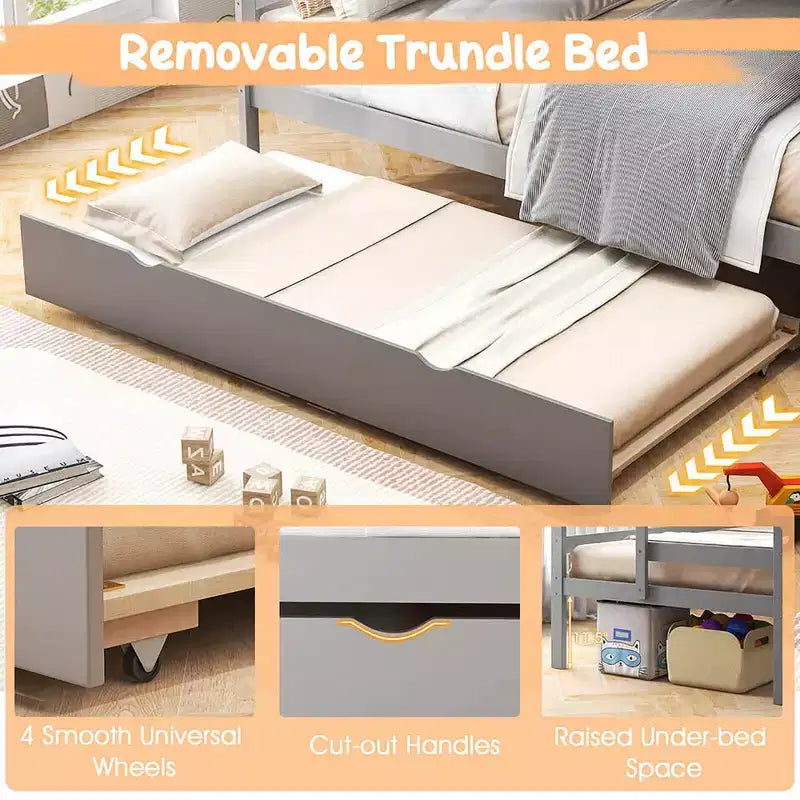Letto a Castello in Legno Twin su Twin con Letto Estraibile, Scala Contenitore e Convertibile