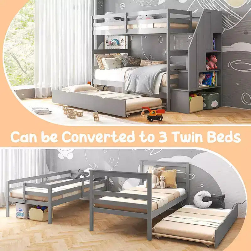 Letto a Castello in Legno Twin su Twin con Letto Estraibile, Scala Contenitore e Convertibile
