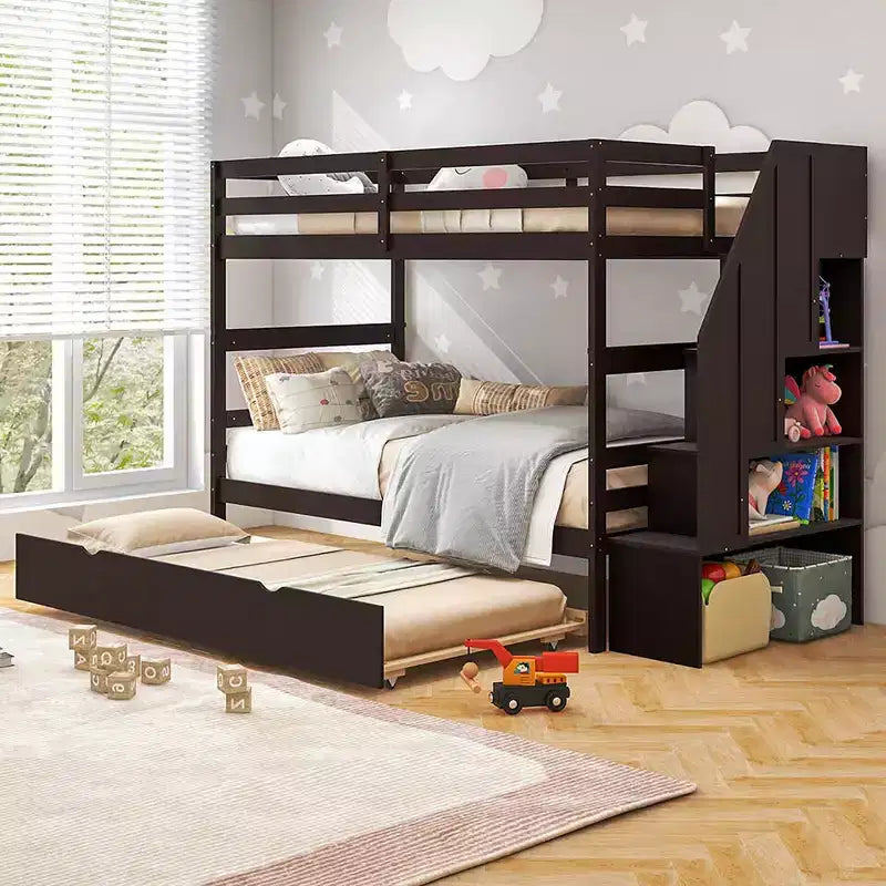 Letto a Castello in Legno Twin su Twin con Letto Estraibile, Scala Contenitore e Convertibile
