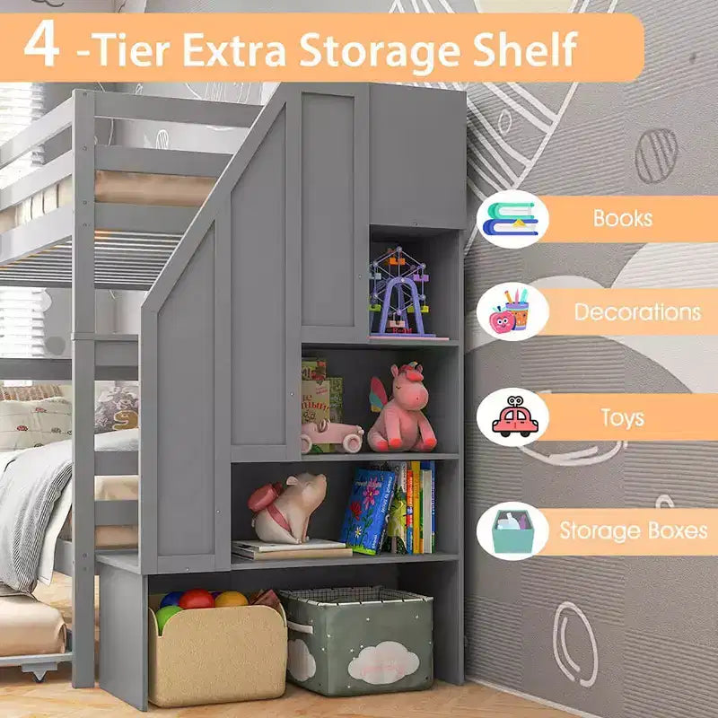 Letto a Castello in Legno Twin su Twin con Letto Estraibile, Scala Contenitore e Convertibile