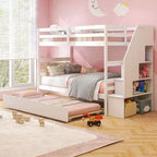 Letto a Castello in Legno Twin su Twin con Letto Estraibile, Scala Contenitore e Convertibile