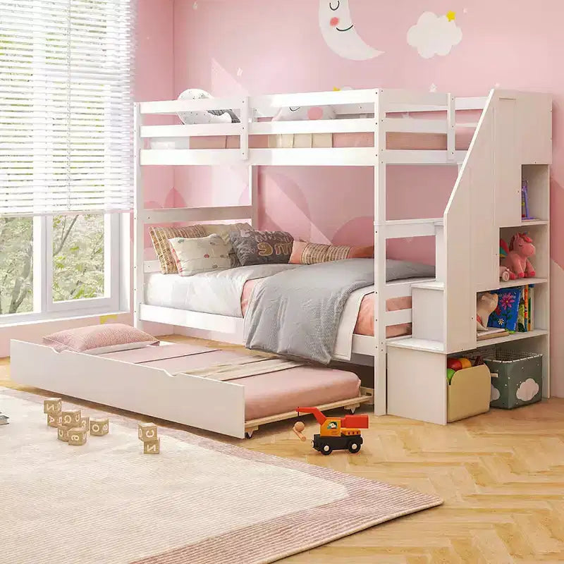 Letto a Castello in Legno Twin su Twin con Letto Estraibile, Scala Contenitore e Convertibile