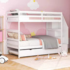 Letto a Castello in Legno Twin su Twin con Letto Estraibile, Scala Contenitore e Convertibile