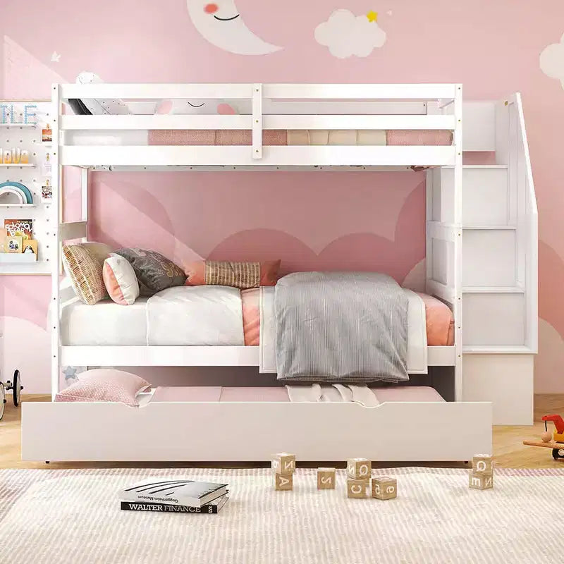 Letto a Castello in Legno Twin su Twin con Letto Estraibile, Scala Contenitore e Convertibile