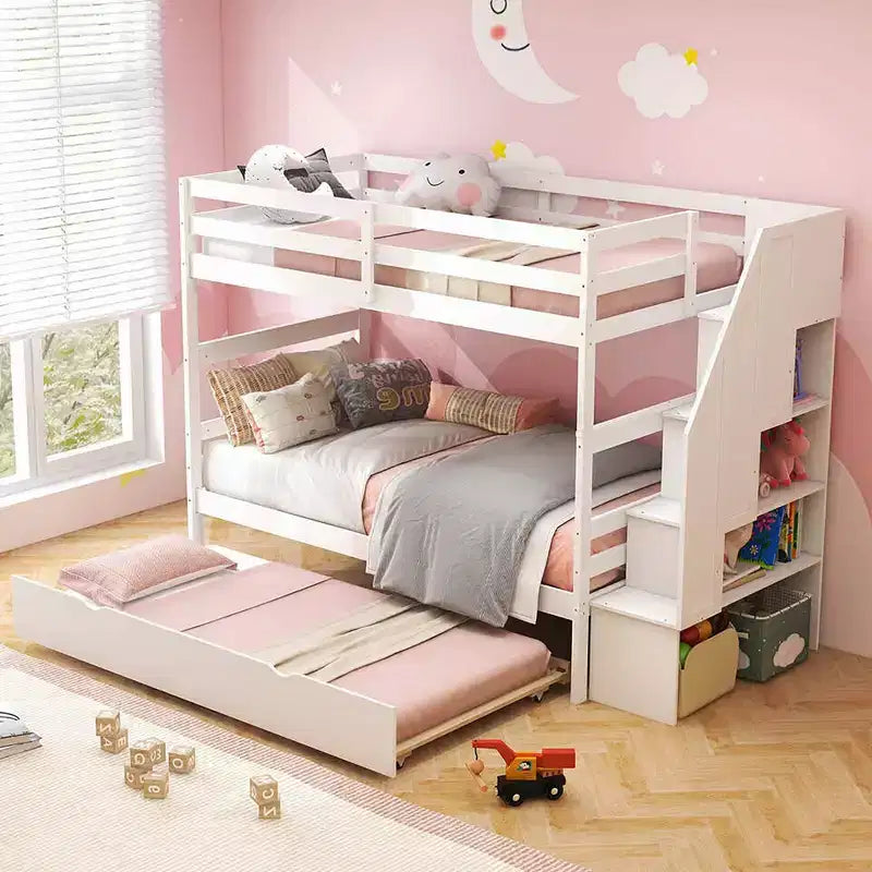 Letto a Castello in Legno Twin su Twin con Letto Estraibile, Scala Contenitore e Convertibile
