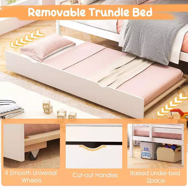 Letto a Castello in Legno Twin su Twin con Letto Estraibile, Scala Contenitore e Convertibile