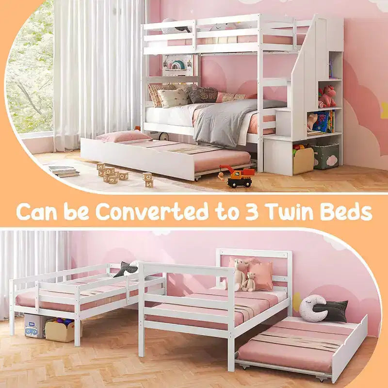Letto a Castello in Legno Twin su Twin con Letto Estraibile, Scala Contenitore e Convertibile