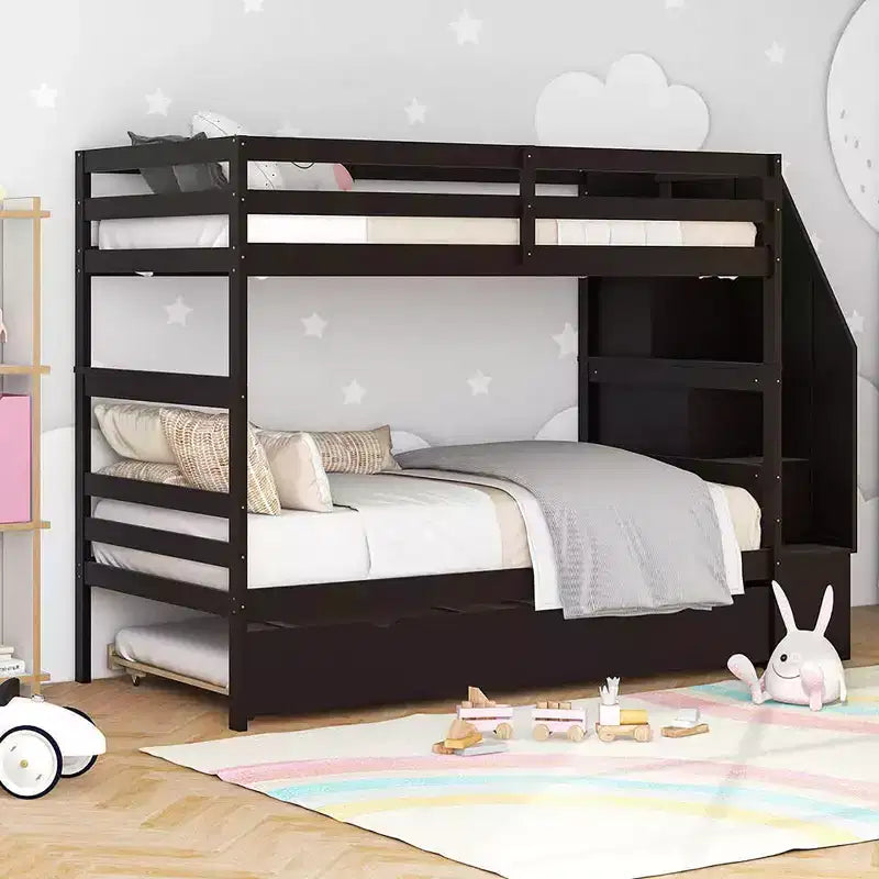 Letto a Castello in Legno Twin su Twin con Letto Estraibile, Scala Contenitore e Convertibile