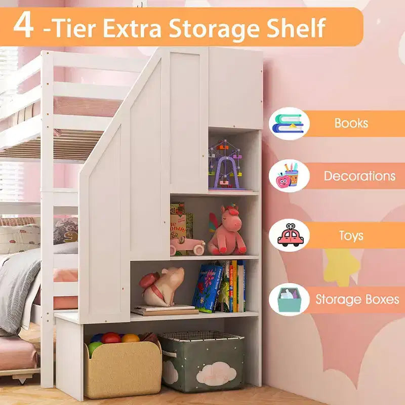 Letto a Castello in Legno Twin su Twin con Letto Estraibile, Scala Contenitore e Convertibile