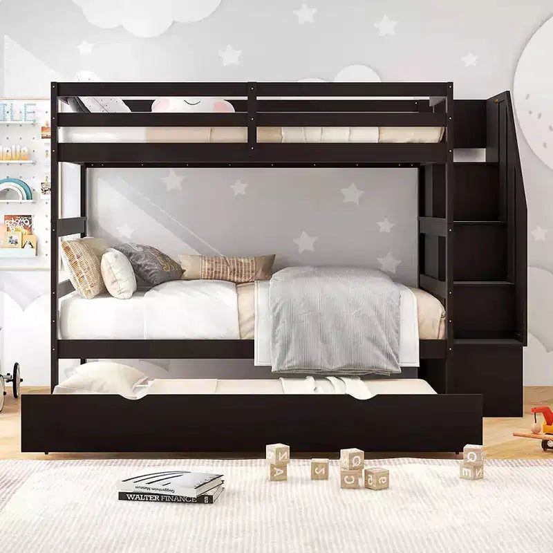 Letto a Castello in Legno Twin su Twin con Letto Estraibile, Scala Contenitore e Convertibile
